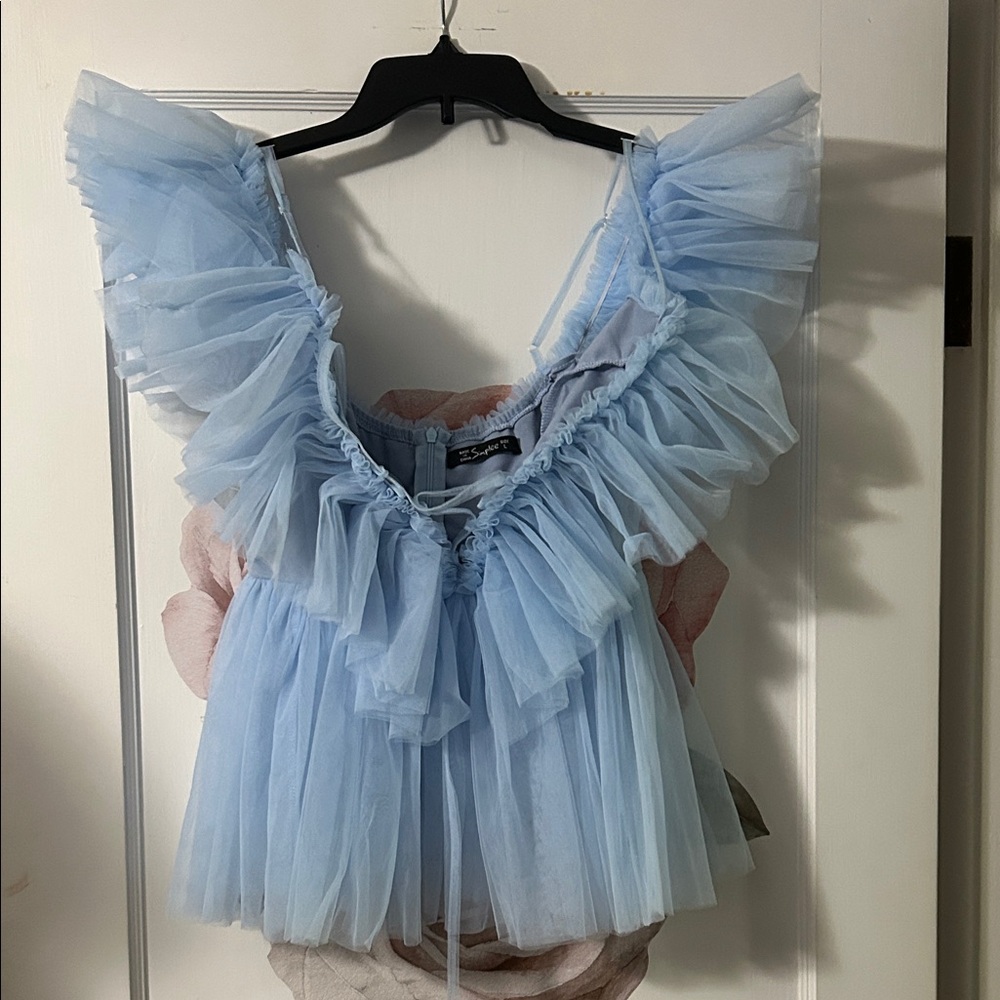 Two for One Deal! 
Sheer Light Blue and Tan Ruffle Tulle Shirts - Picture 2 of 4